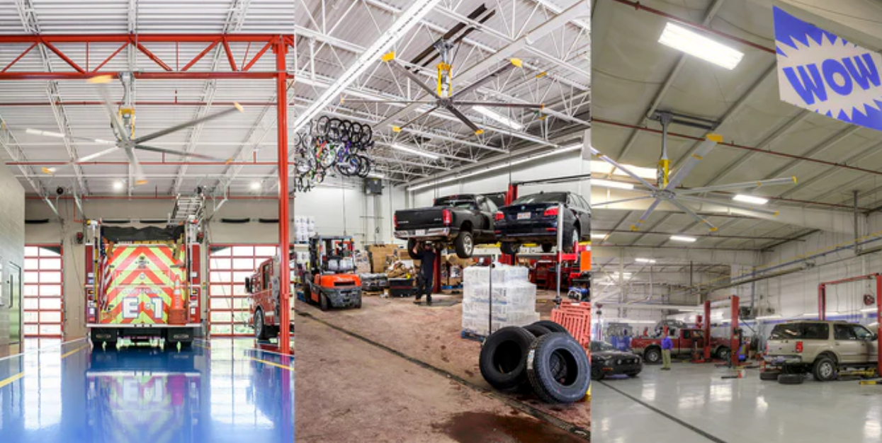 Warehouse structures with ceiling-mounted industrial shop fans.