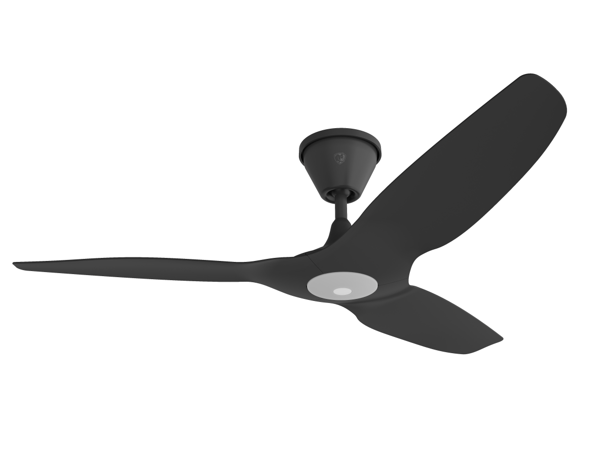 An image of a black ceiling fan with dark brown blades.