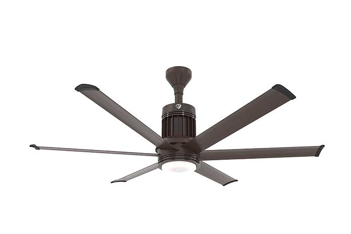 An image of a large, bronze, 6-blade ceiling fan.