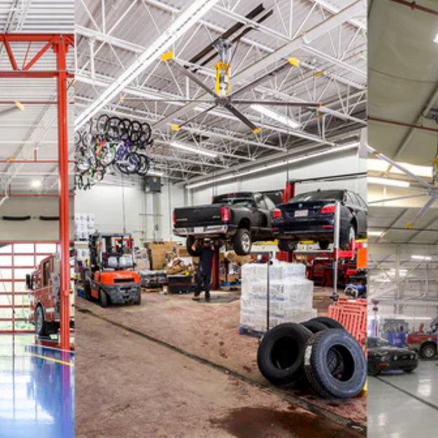 Warehouse structures with ceiling-mounted industrial shop fans.